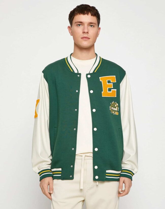 Embroidered Snap Button College Bomber Jacket with Pockets