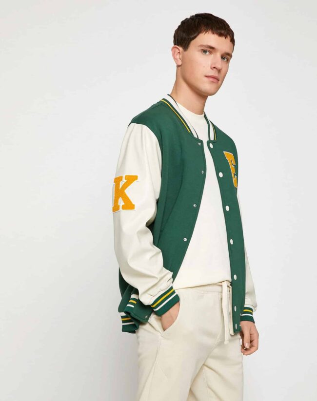 Embroidered Snap Button College Bomber Jacket with Pockets - Image 3