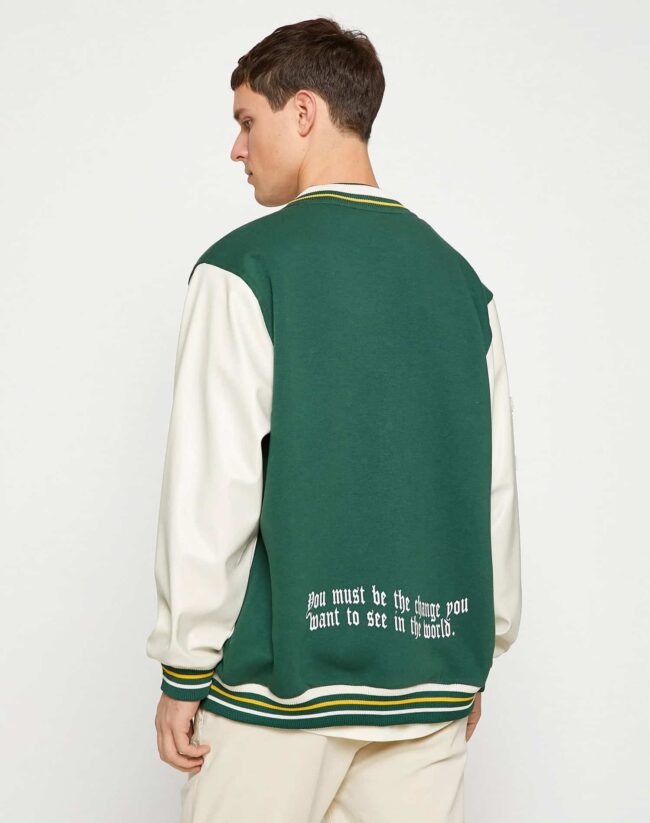 Embroidered Snap Button College Bomber Jacket with Pockets - Image 4